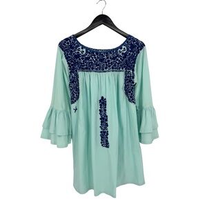 Mi Golondrina Long Ruffle Sleeve Embroidered Mini Dress Turquoise Blue Small